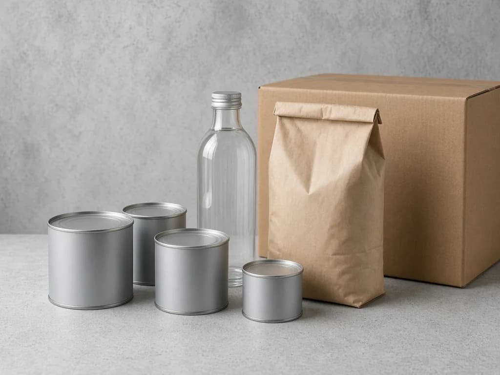 Unlabelled tins, a glass bottle and a kraft paper sack of dry goods beside a brown outer case.