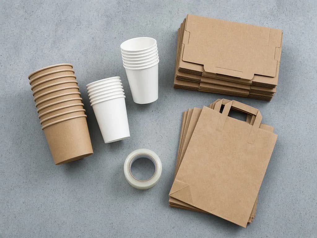 Kraft takeaway containers, paper cups, packing tape, flat corrugated boxes and paper carrier bags.