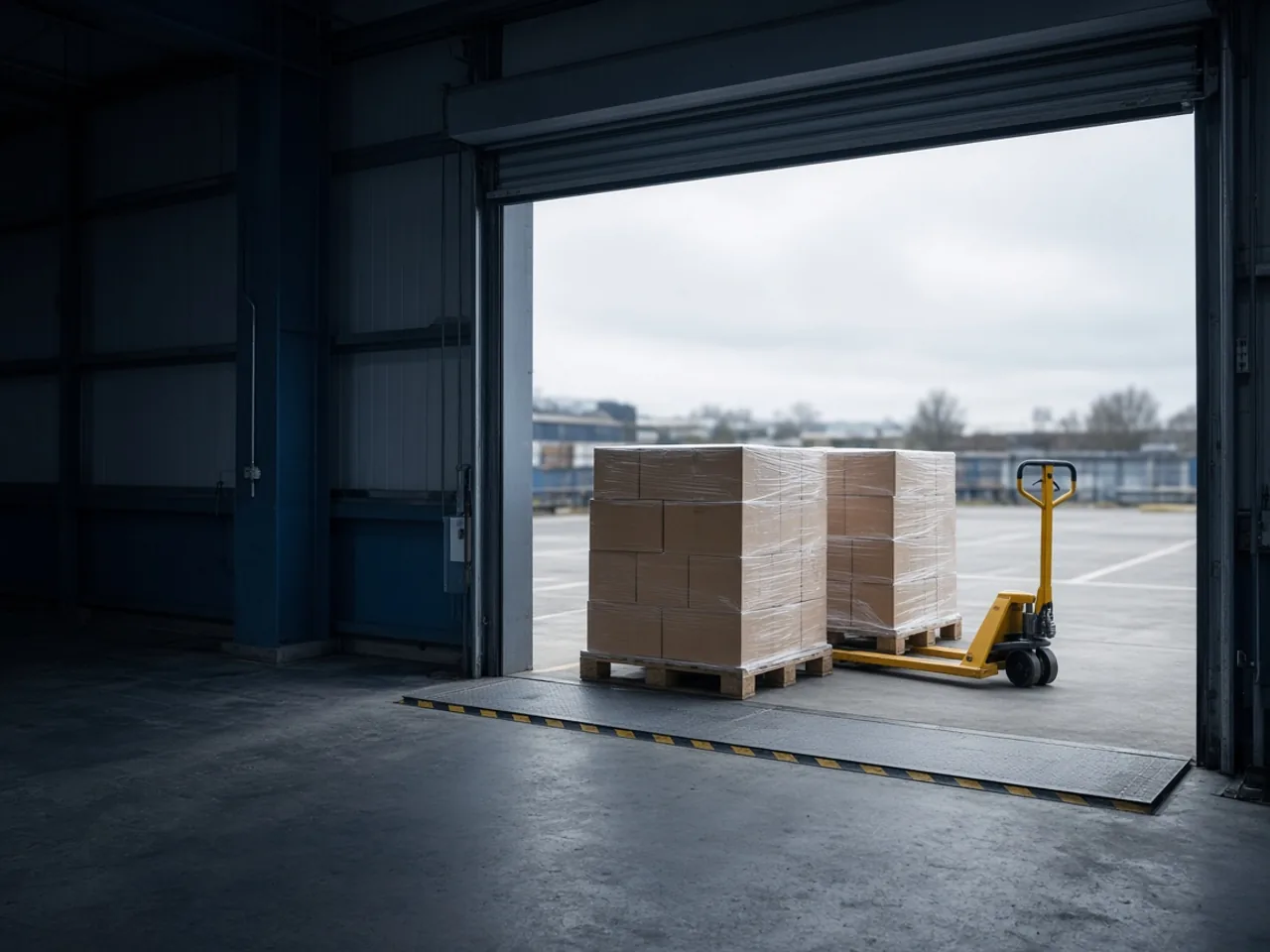 Shrink-wrapped pallets of cartons staged at a warehouse loading bay beside a hand pallet truck.