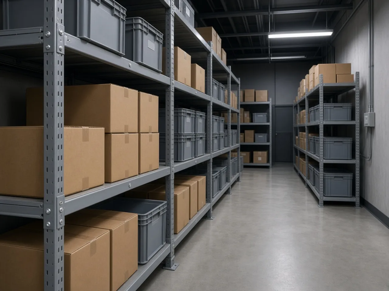 A tidy retail stockroom with cartons and stacking totes arranged on grey metal shelving.